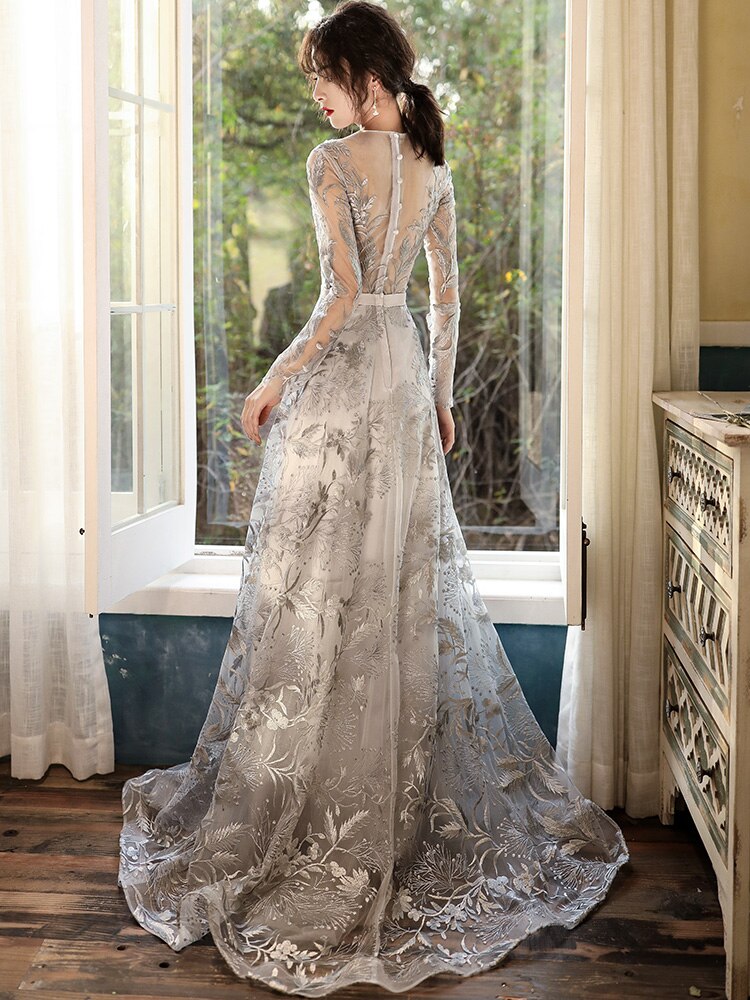 Silver Gray Lace Evening Dress - Long Sleeves