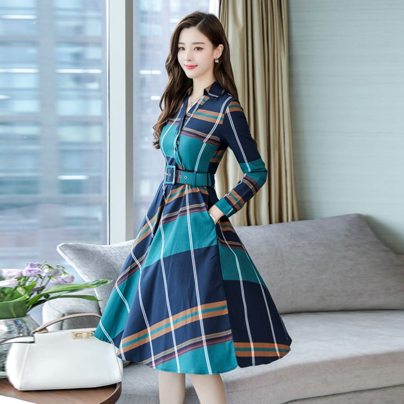 Stinlicher Women's Long Sleeve Stripe Dress - Belted
