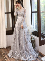 Silver Gray Lace Evening Dress - Long Sleeves