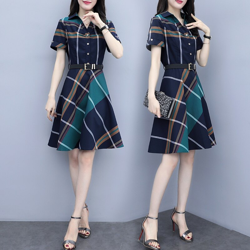 Korea Style Striped Plaid Shirt Dress - Women's Summer Dress