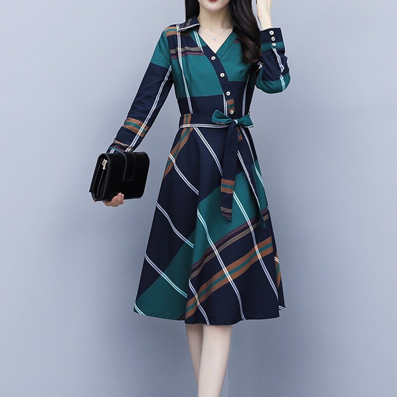 Fashion Women Striped Plaid Shirt Dress - Knee-Length