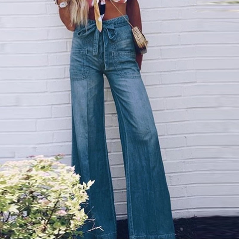 Retro Flared High-Waist Jeans with Bowknot