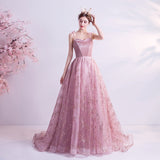 Beaded Tulle Spaghetti-Strap Prom Dress - Pink Long