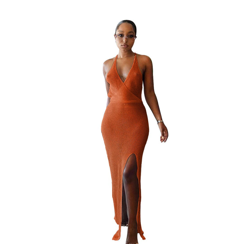 Backless V-Neck Slit Crochet Beach Dress