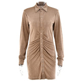 Ruched Long Sleeve Bodycon Mini Dress: Turn-Down Collar (Autumn)