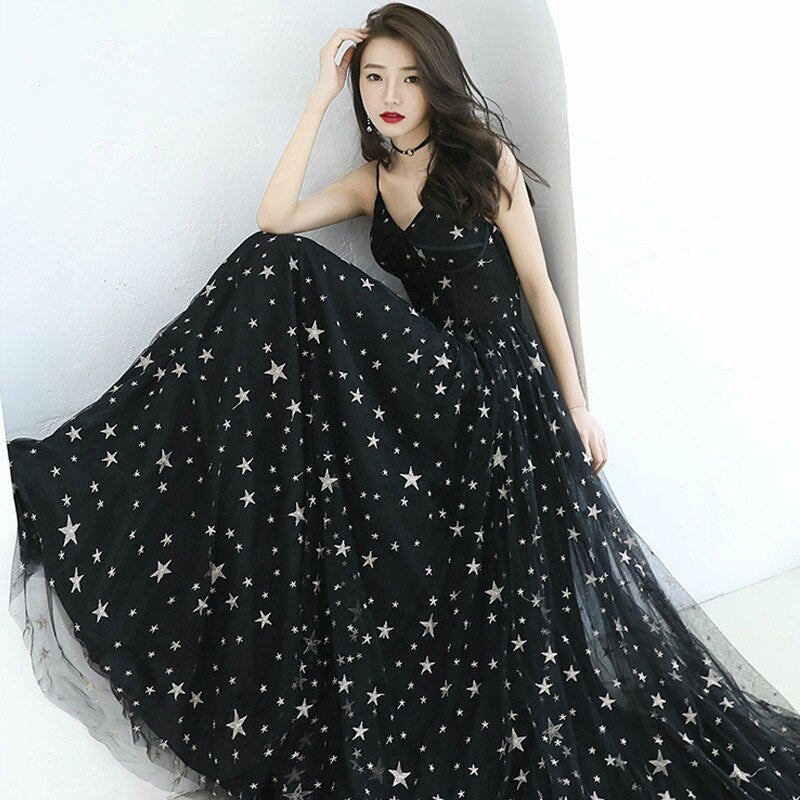 Spaghetti Strap Evening Gown - Stars Pattern