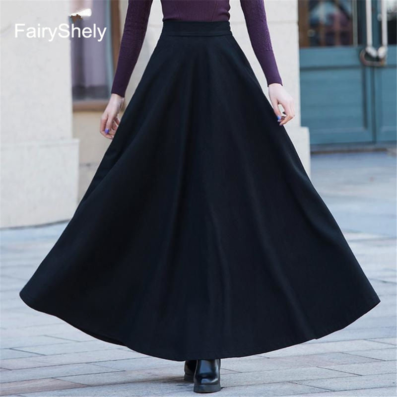 Retro High Waist Woolen Maxi Skirt