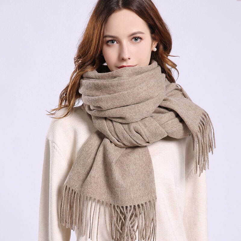 Pure Wool Beige Scarf: Tassel Neck Warmer