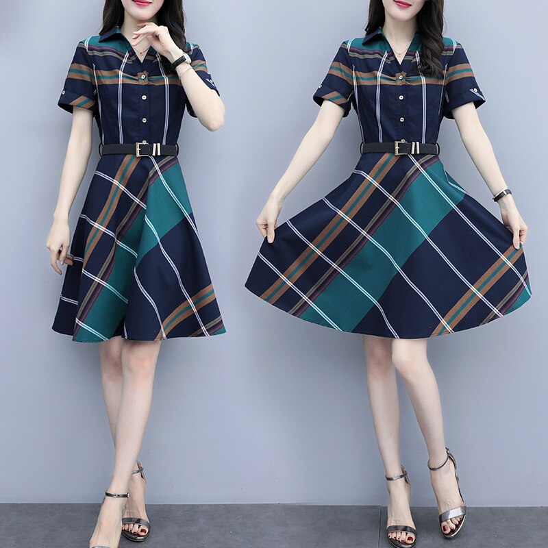 Korea Style Striped Plaid Shirt Dress - Women's Summer Dress