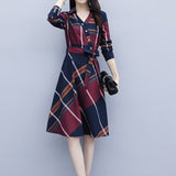 Fashion Women Striped Plaid Shirt Dress - Knee-Length