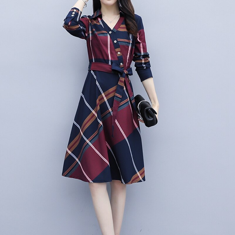 Fashion Women Striped Plaid Shirt Dress - Knee-Length