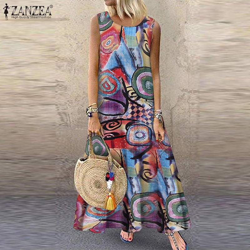 ZANZEA Summer Dress Women Bohemian Sleeveless Floral Printed Sundress Robe Vintage Kaftan Beach Vestido Femme Sarafans