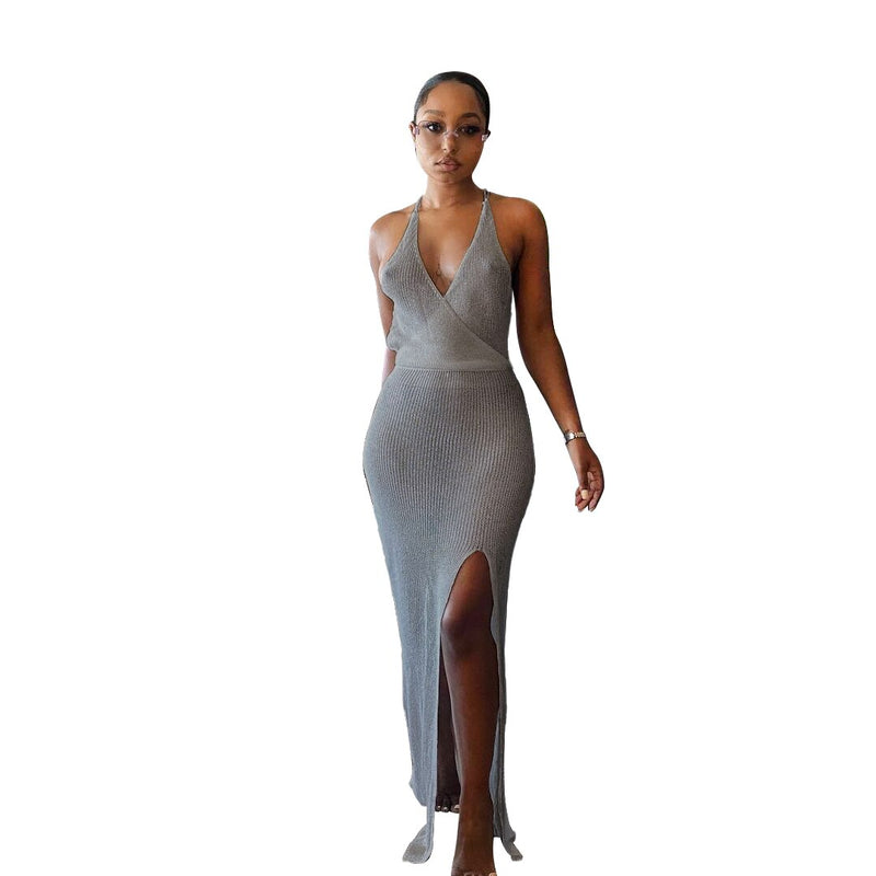 Backless V-Neck Slit Crochet Beach Dress