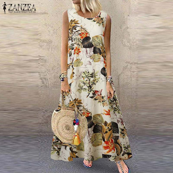 ZANZEA Summer Dress Women Bohemian Sleeveless Floral Printed Sundress Robe Vintage Kaftan Beach Vestido Femme Sarafans