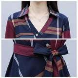Fashion Women Striped Plaid Shirt Dress - Knee-Length