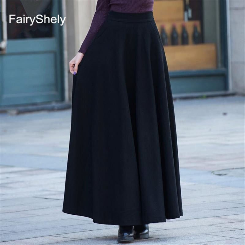 Retro High Waist Woolen Maxi Skirt