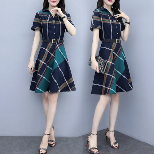 Korea Style Striped Plaid Shirt Dress - Women's Summer Dress