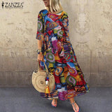 ZANZEA Summer Dress Women Bohemian Sleeveless Floral Printed Sundress Robe Vintage Kaftan Beach Vestido Femme Sarafans