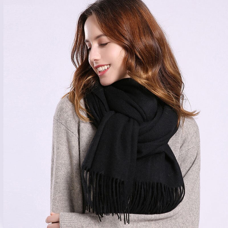 Pure Wool Beige Scarf: Tassel Neck Warmer