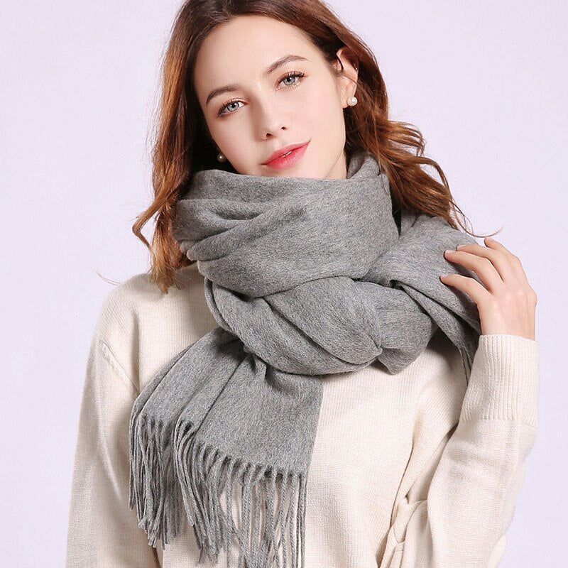 Pure Wool Beige Scarf: Tassel Neck Warmer