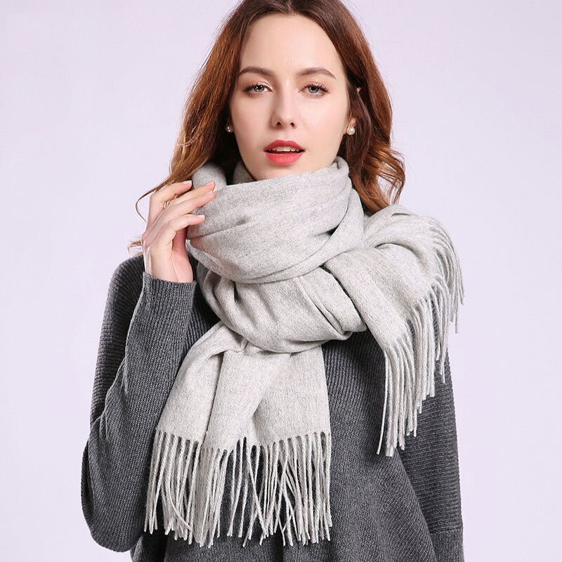 Pure Wool Beige Scarf: Tassel Neck Warmer