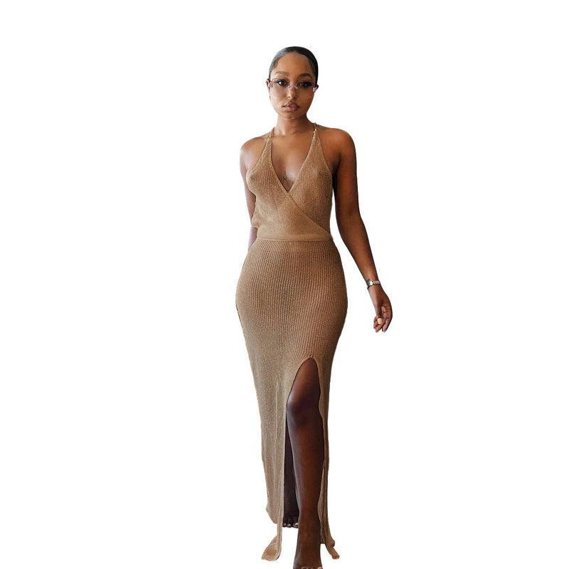 Backless V-Neck Slit Crochet Beach Dress
