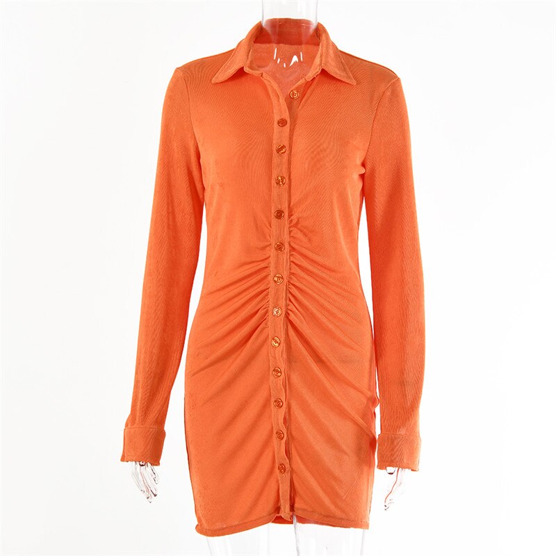 Ruched Long Sleeve Bodycon Mini Dress: Turn-Down Collar (Autumn)