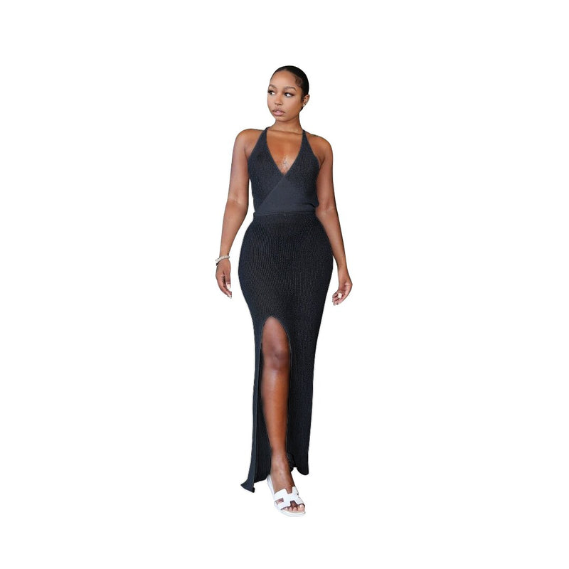 Backless V-Neck Slit Crochet Beach Dress
