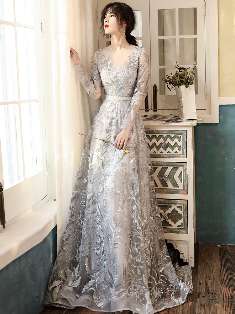 Silver Gray Lace Evening Dress - Long Sleeves