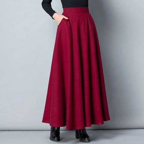Retro High Waist Woolen Maxi Skirt