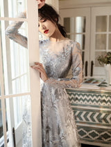Silver Gray Lace Evening Dress - Long Sleeves