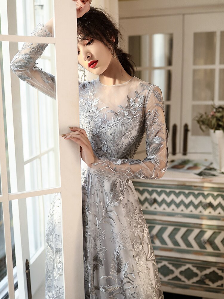 Silver Gray Lace Evening Dress - Long Sleeves