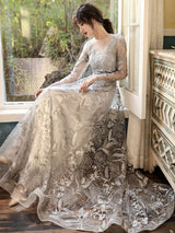 Silver Gray Lace Evening Dress - Long Sleeves