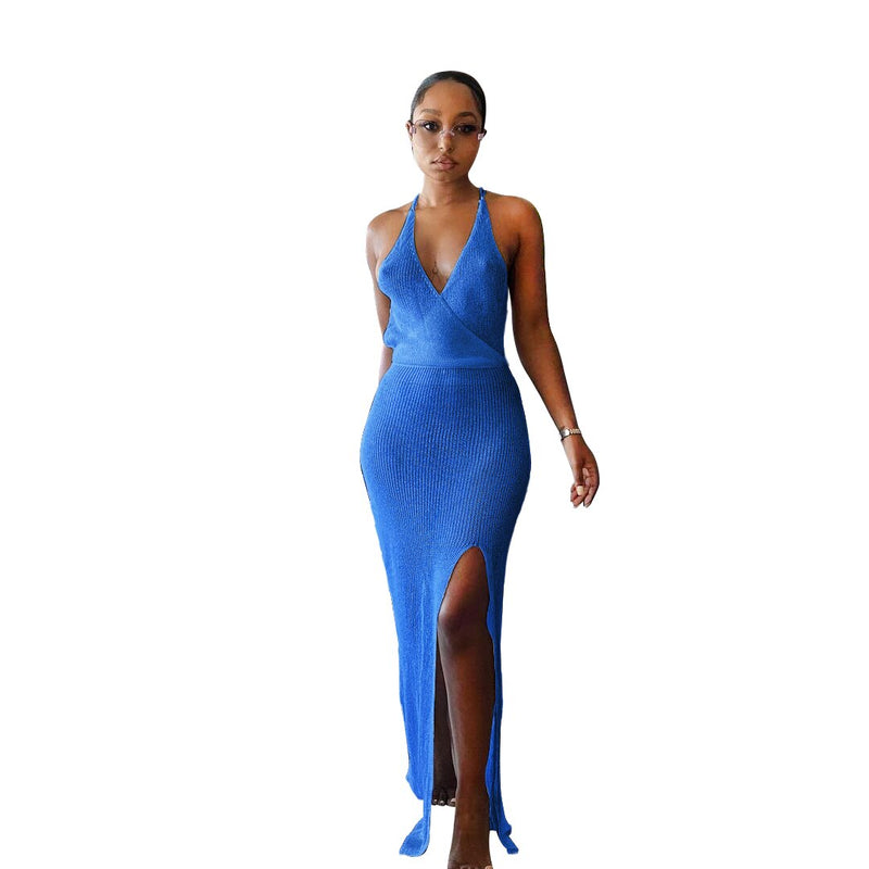 Backless V-Neck Slit Crochet Beach Dress