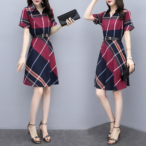 Korea Style Striped Plaid Shirt Dress - Women's Summer Dress