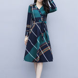 Fashion Women Striped Plaid Shirt Dress - Knee-Length
