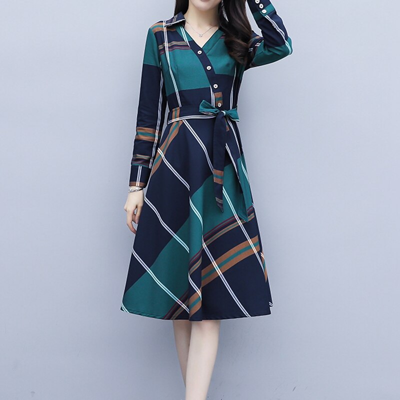 Fashion Women Striped Plaid Shirt Dress - Knee-Length