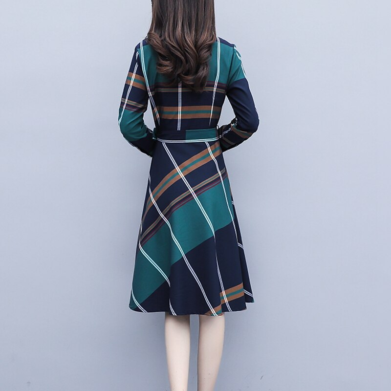 Fashion Women Striped Plaid Shirt Dress - Knee-Length