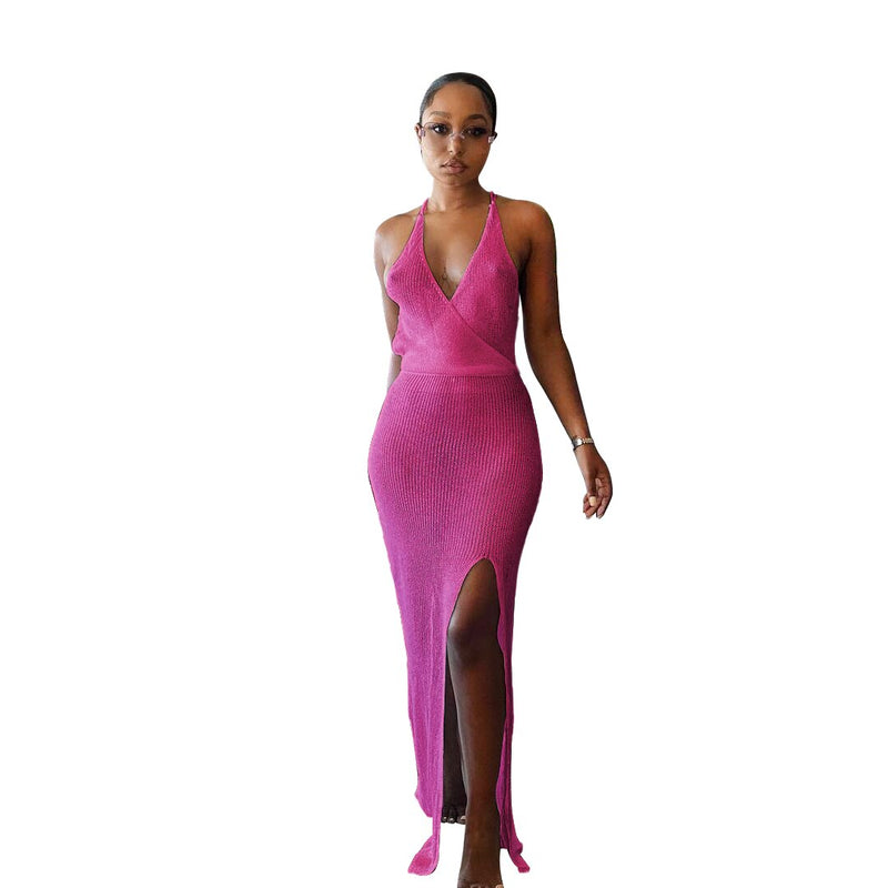 Backless V-Neck Slit Crochet Beach Dress