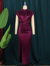 Pleated High Collar Sleeveless Maxi Dress