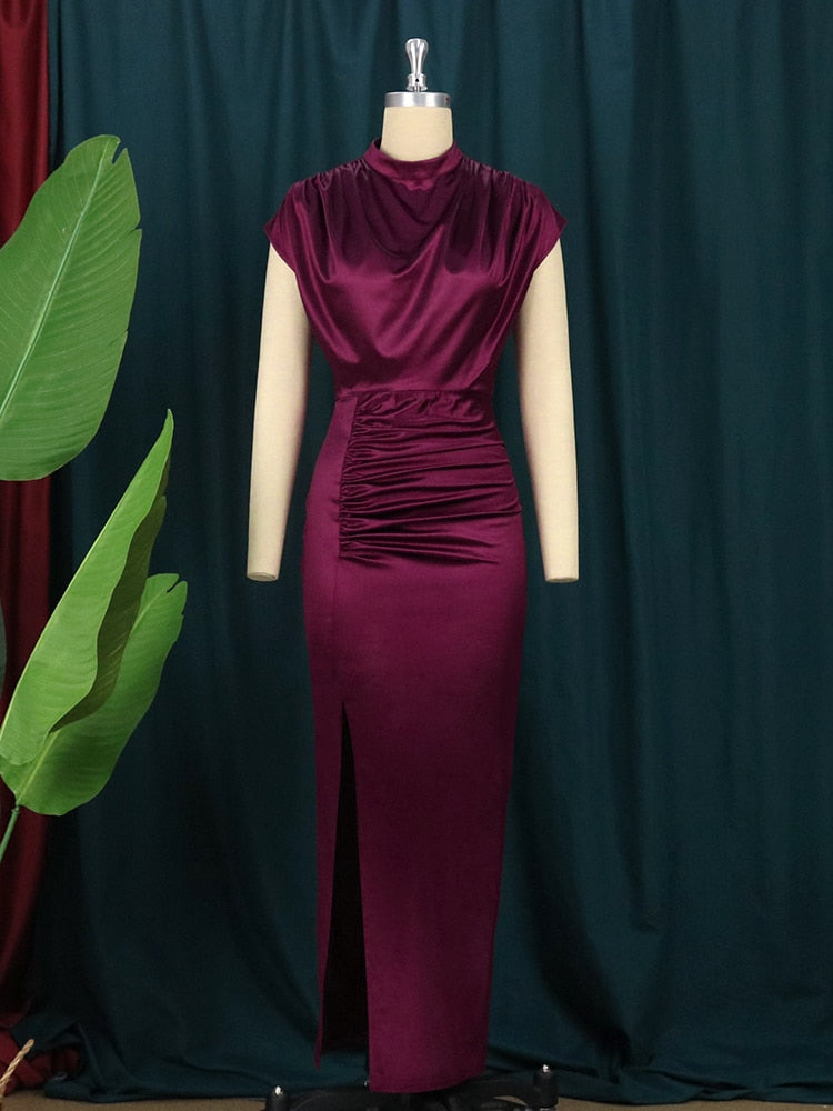 Pleated High Collar Sleeveless Maxi Dress