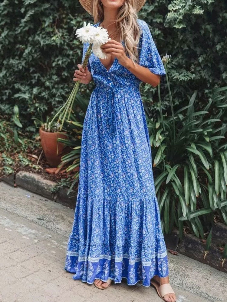 Bohemian Long Party Dress Ladies Viscose Floral Print Beach Dress
