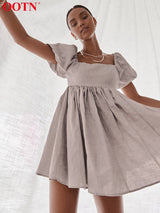 Vintage A-Line Puff Sleeve Dress: Square Collar Linen