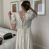 Polka Dot V-Neck Puff Sleeve Dress - Korean Chic