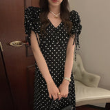 Polka Dot V-Neck Puff Sleeve Dress - Korean Chic