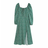 Vintage Green Floral Maxi Dress: Long Sleeve Slit Boho