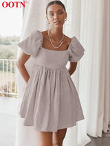 Vintage A-Line Puff Sleeve Dress: Square Collar Linen
