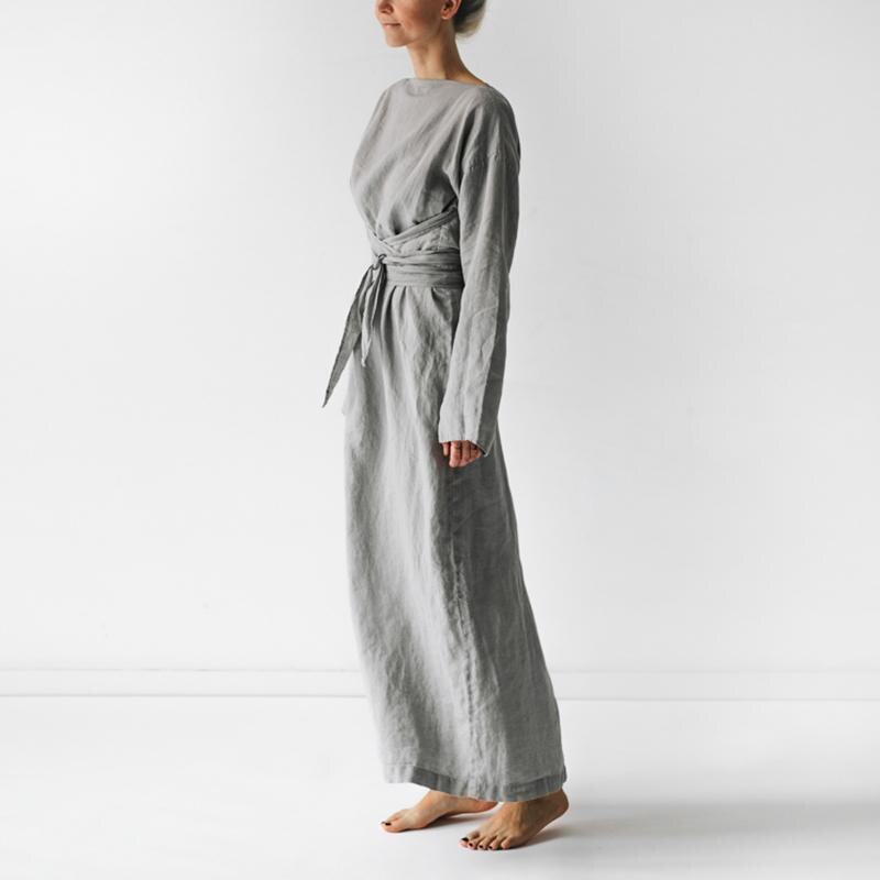Cotton Casual O Neck Maxi Dress - Gray Solid Color