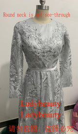 Silver Gray Lace Evening Dress - Long Sleeves