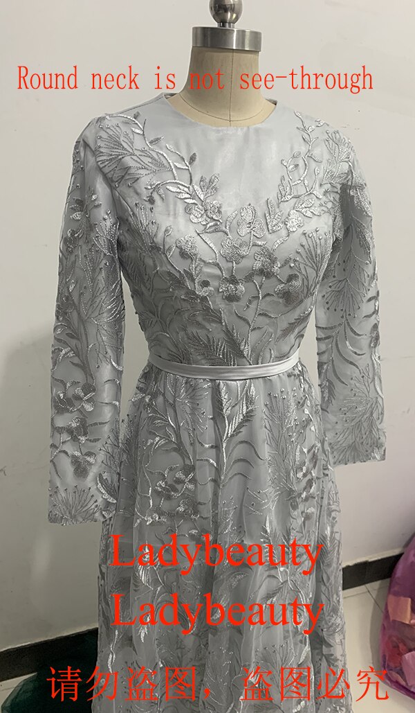 Silver Gray Lace Evening Dress - Long Sleeves